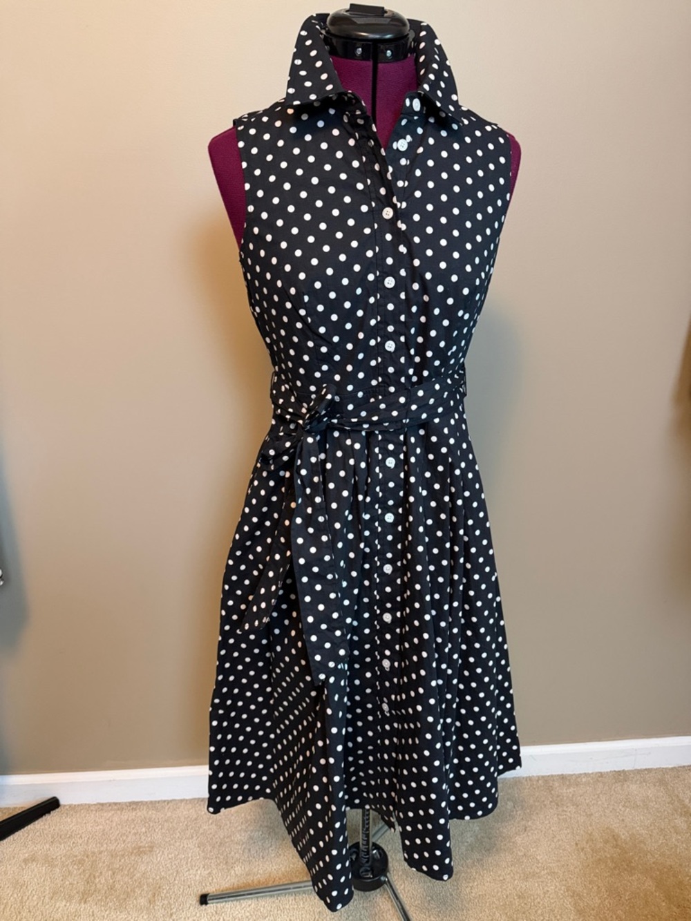 Eliza J Black Size 4 Sleeveless Black & White Polka Dot Collared Midi Dress - Picture 5 of 8